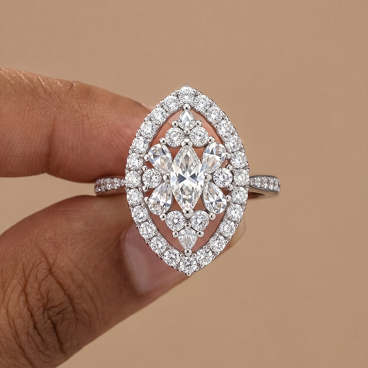 Women's Exquisite Marquise Geometric Floral Ring, Elegant Gift